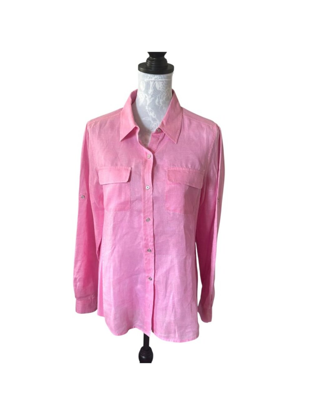 Calvin Klein Womens Linen Shirt Pink Long Sleeve Stretchy Size Medium